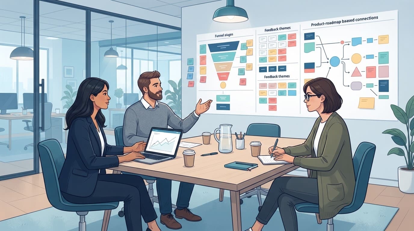 Three colleagues review deal-loss insights around a table with a laptop and colorful wall cards.