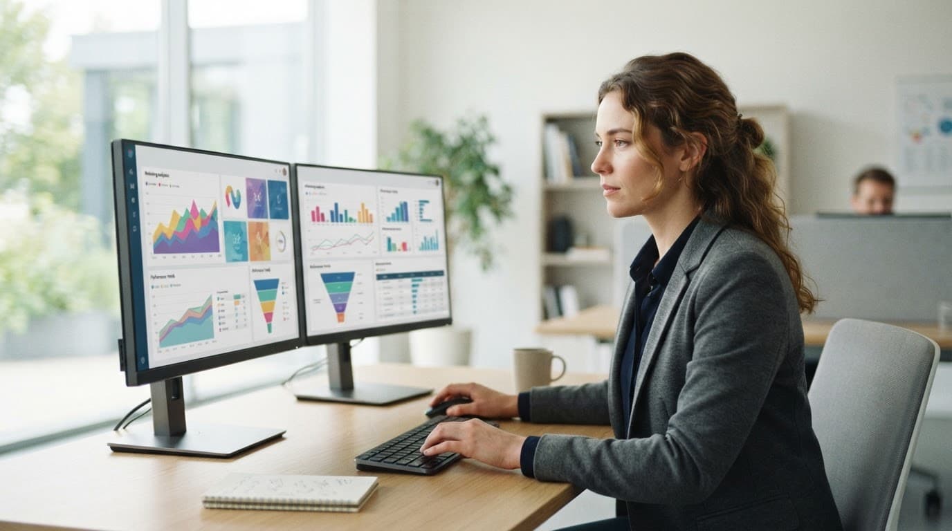 Marketer reviewing dashboards on two monitors at a minimalist office desk.