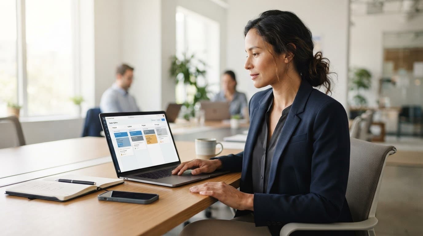 A manager reviews a CRM pipeline beside notes and a phone.