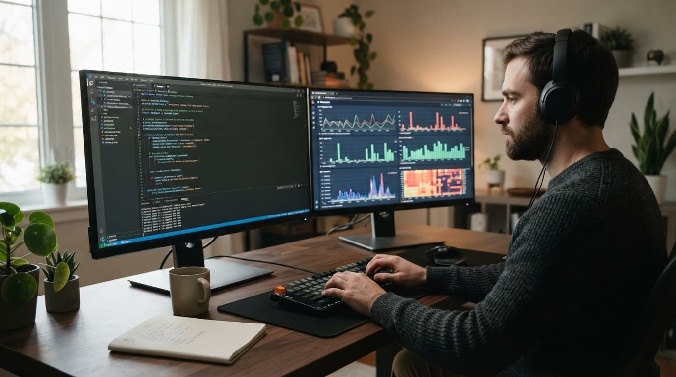 A person works at dual monitors showing code and analytical charts.