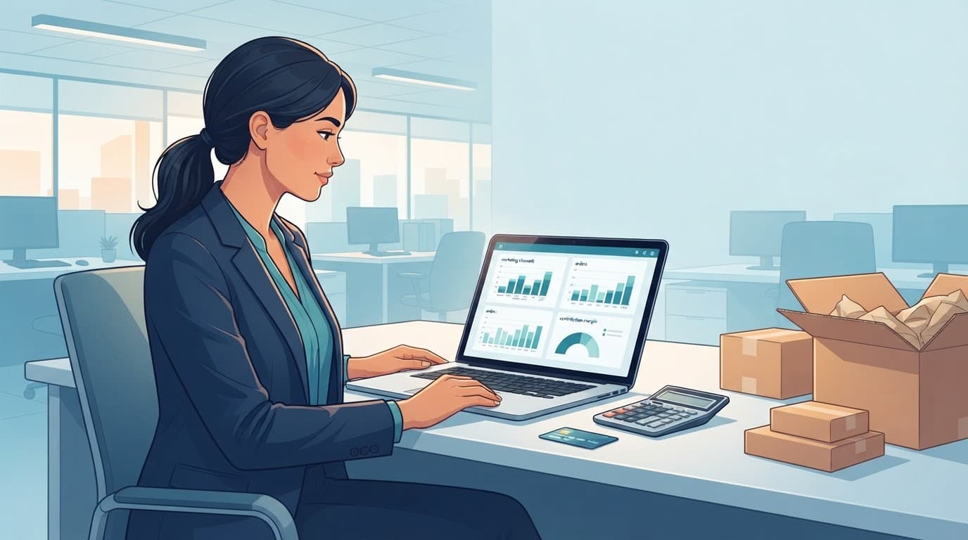 A finance manager reviews charts beside a calculator, payment card, shipping box, and small parcels.