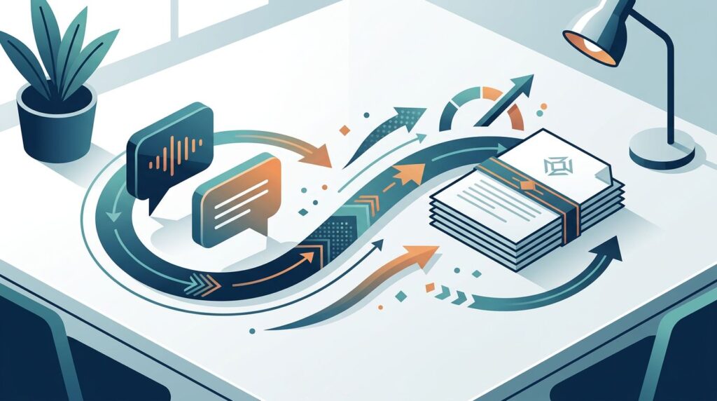 Speech bubbles flow through arrows toward a proposal document and rising conversion gauge.