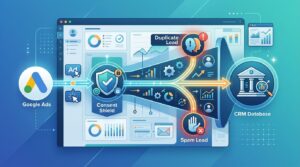 A digital funnel connects an ad click, consent shield, customer data, and CRM with duplicate lead alerts.