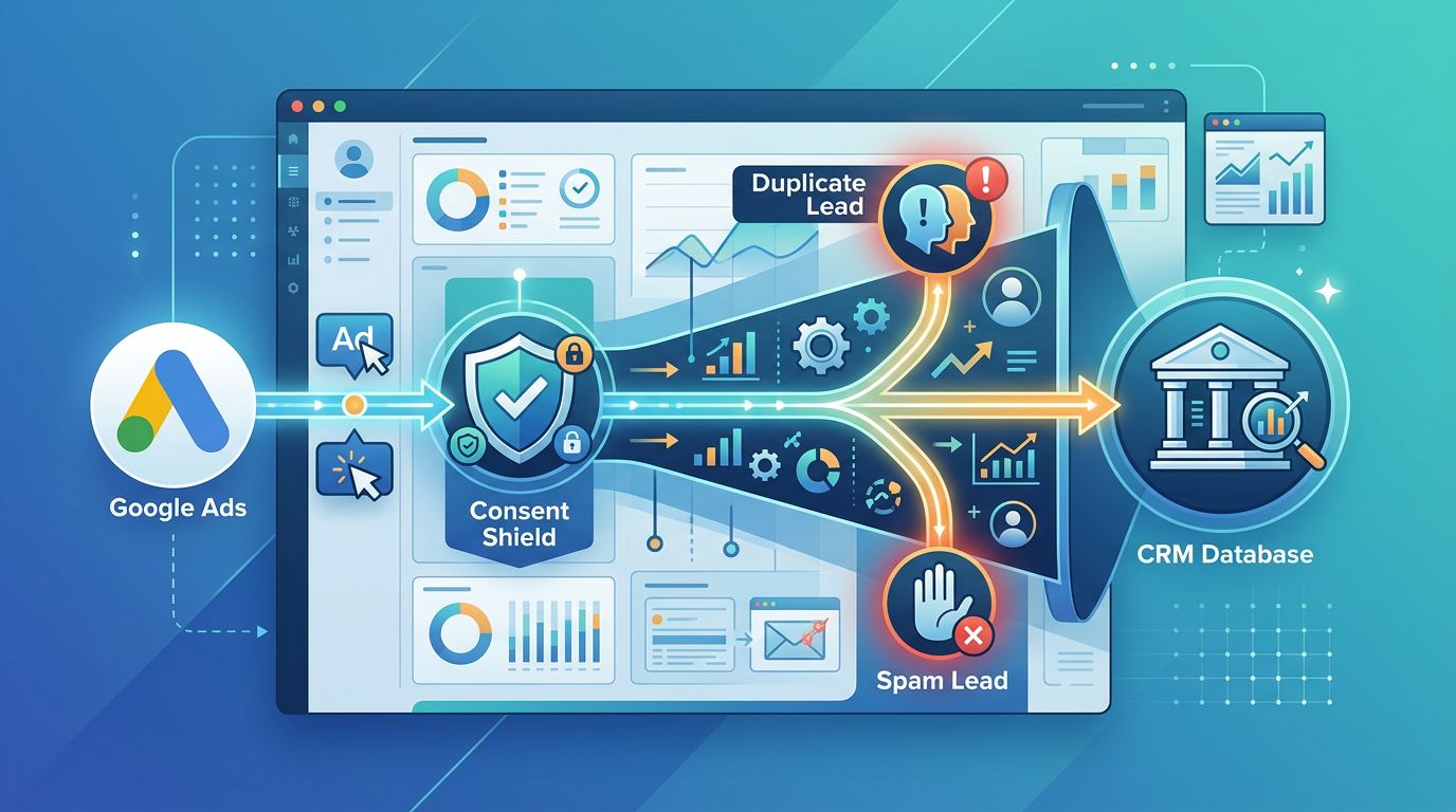 A digital funnel connects an ad click, consent shield, customer data, and CRM with duplicate lead alerts.