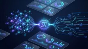 Abstract search icons connect glowing charts, a network, and web pathways on a dark blue background.