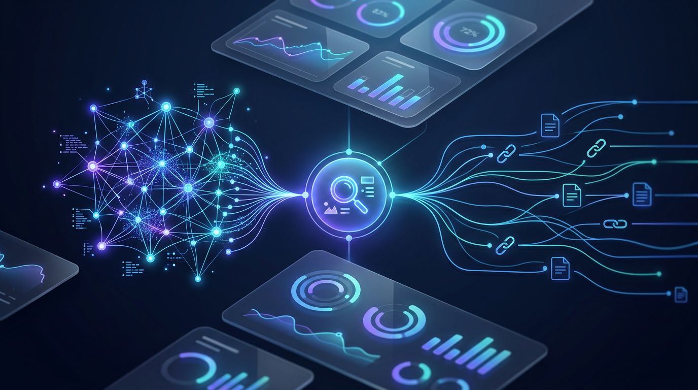 Abstract search icons connect glowing charts, a network, and web pathways on a dark blue background.