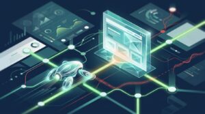 A glowing crawler scans connected website nodes around a central landing page.