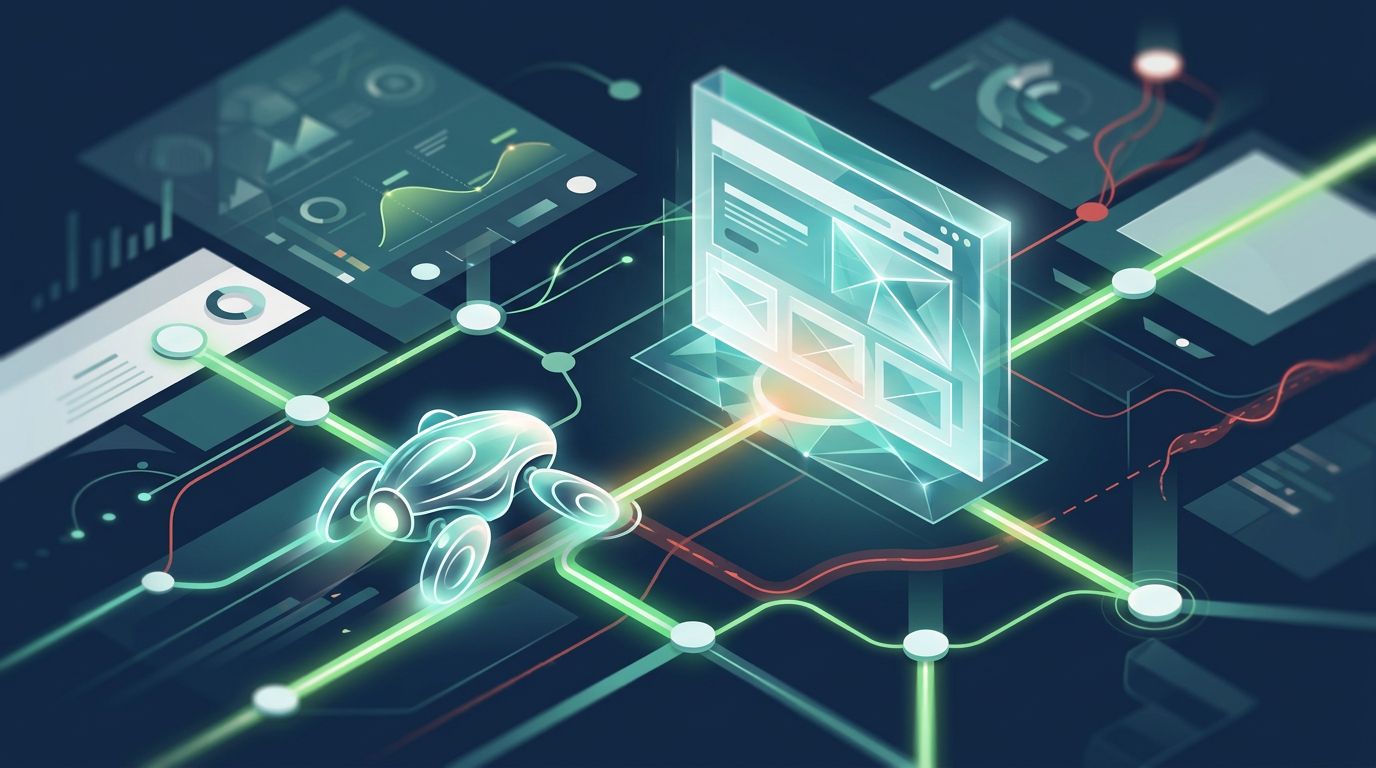 A glowing crawler scans connected website nodes around a central landing page.