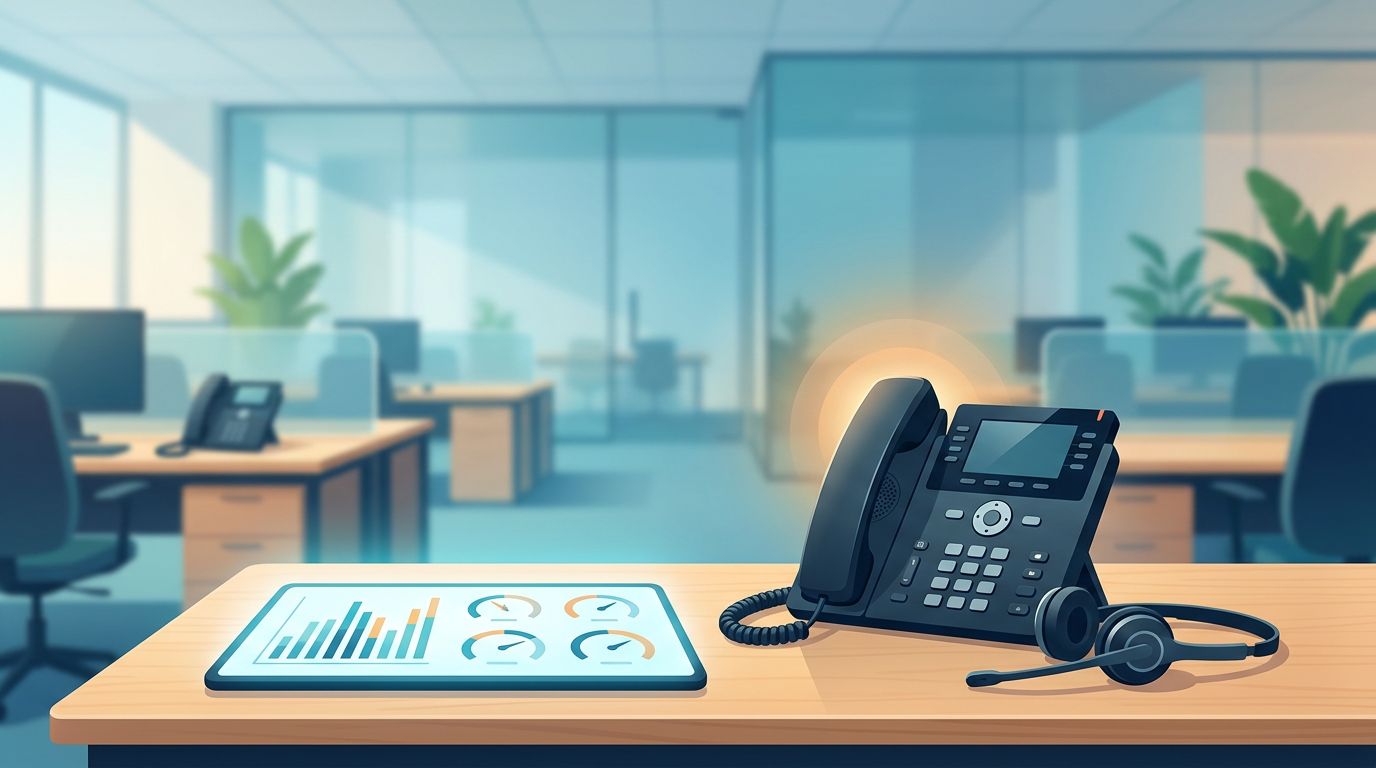 Desk phone and headset beside a call performance dashboard in a modern office.