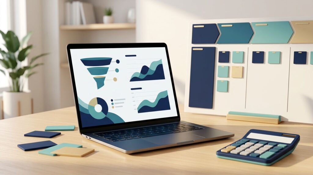 Laptop with funnel graphics, calculator, CRM cards, and a sales pipeline board.