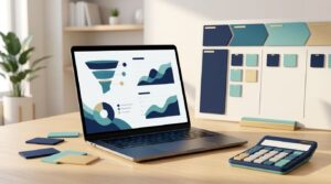 Laptop with funnel graphics, calculator, CRM cards, and a sales pipeline board.
