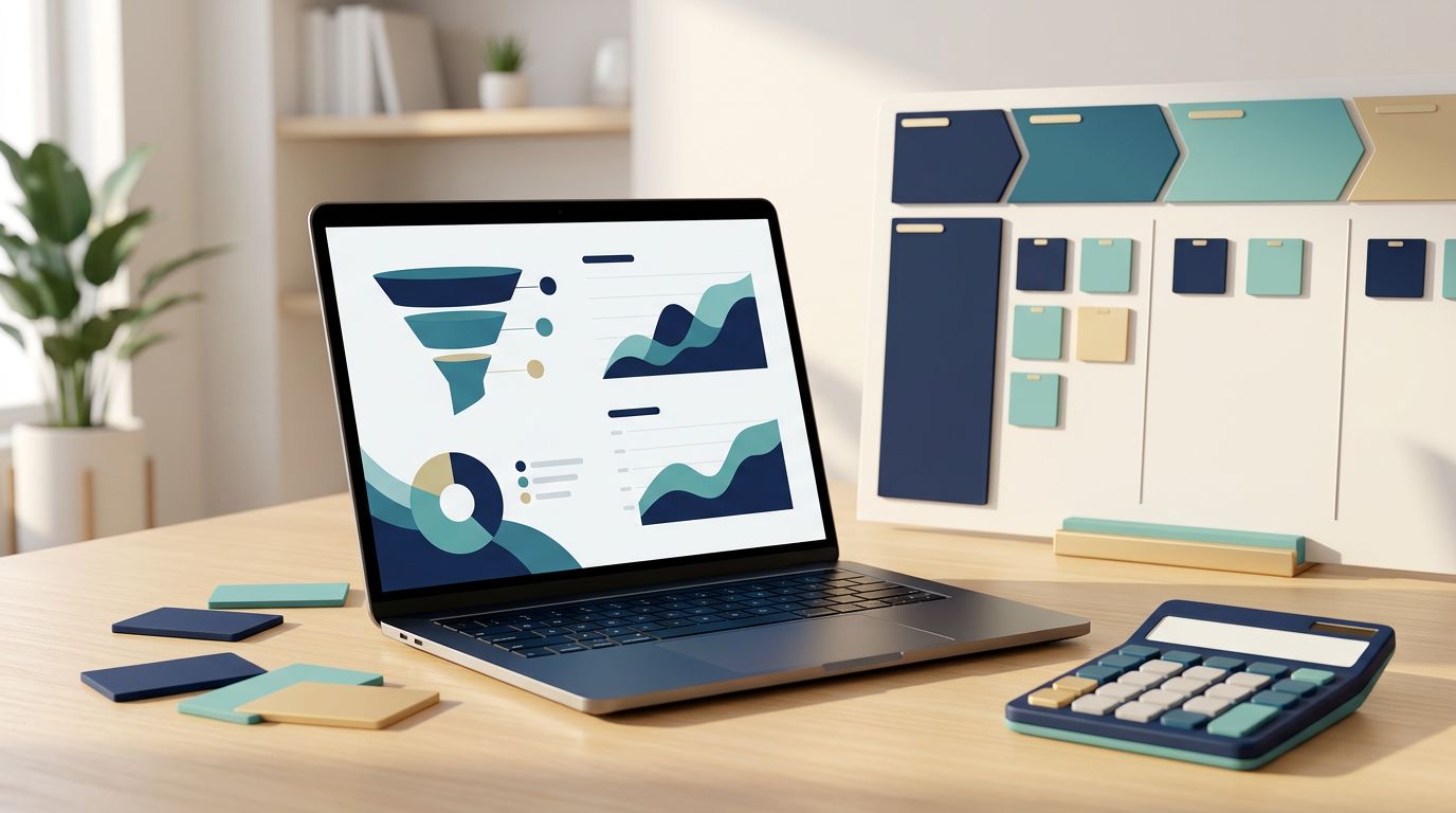 Laptop with funnel graphics, calculator, CRM cards, and a sales pipeline board.