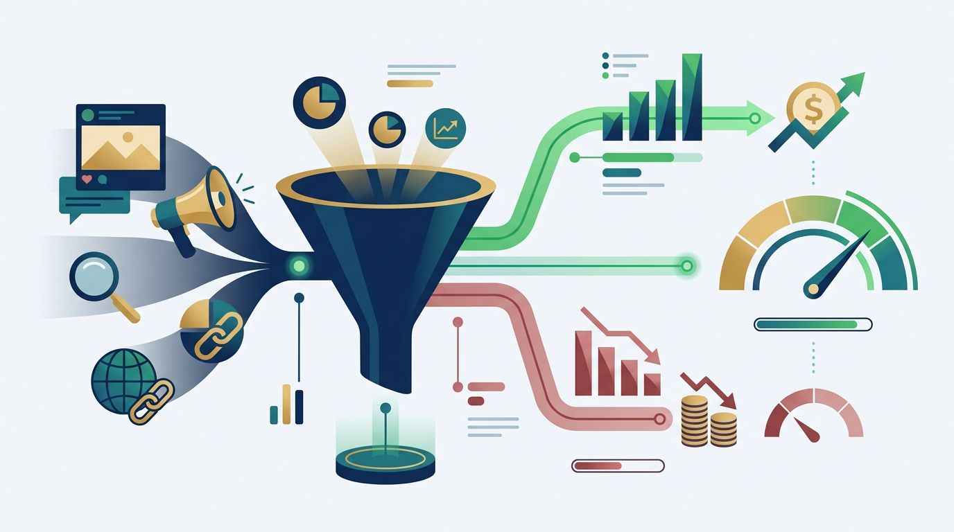 A funnel connects lead sources to revenue, costs, and a green or red margin gauge.