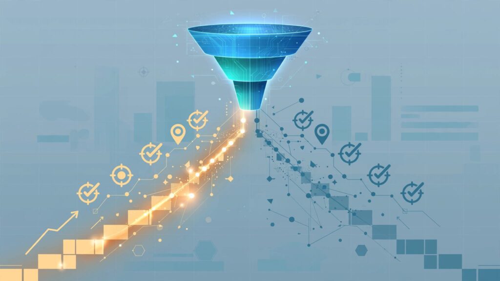 A glowing funnel divides into treatment and control paths beside lead icons.