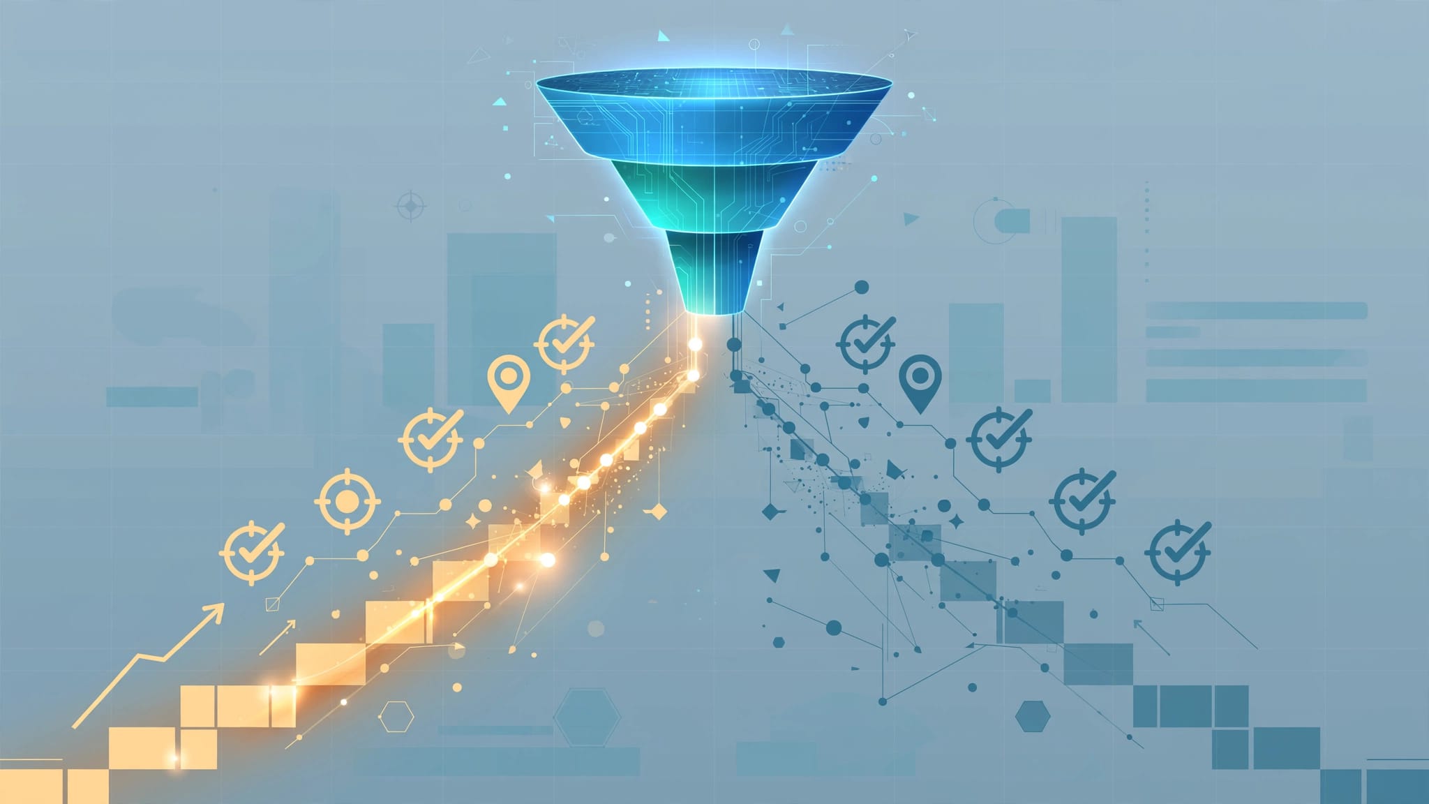 A glowing funnel divides into treatment and control paths beside lead icons.