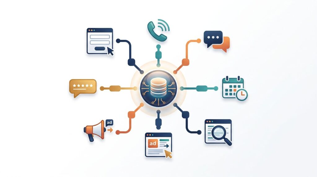 A glowing CRM hub links forms, calls, chats, bookings, ads, search, and reviews.