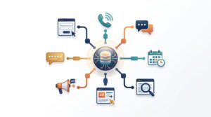 A glowing CRM hub links forms, calls, chats, bookings, ads, search, and reviews.