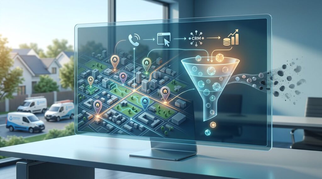 Analytics dashboard showing a city map, service pins, connected icons, and a lead-filtering funnel.