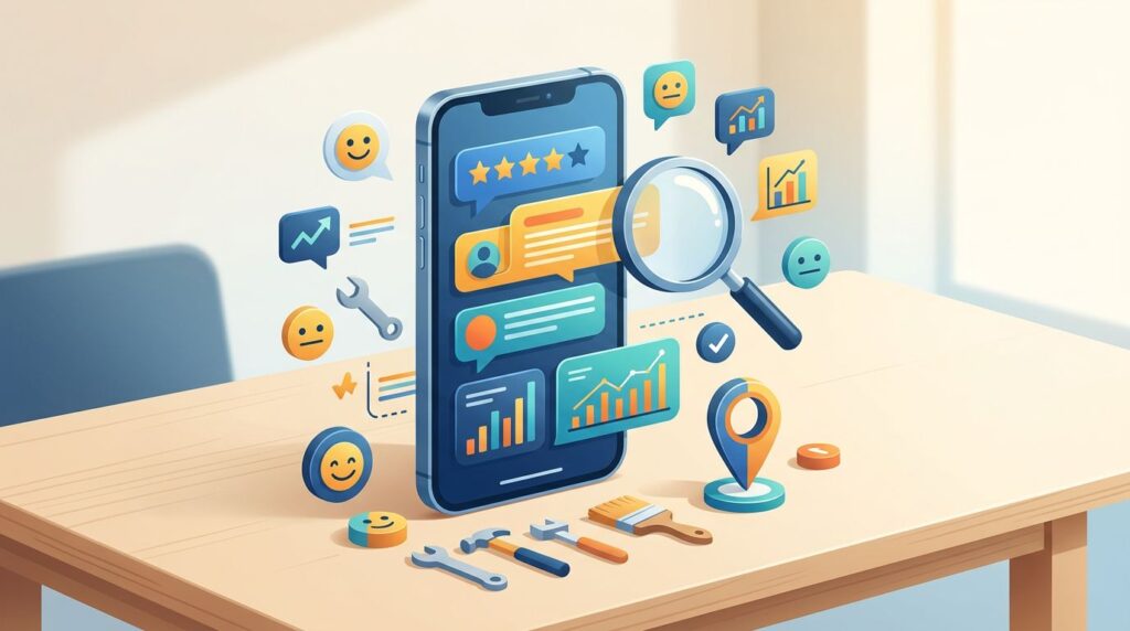 Smartphone showing ratings and review bubbles with local business analysis icons.