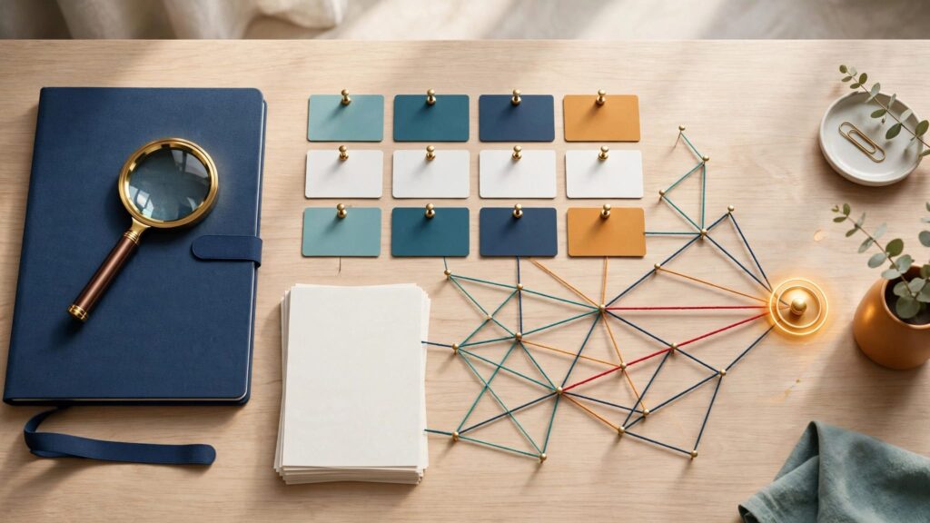 Desk with a proposal folder, magnifying glass, notes, and colored lines tracing a lost sale.