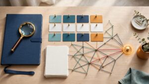 Desk with a proposal folder, magnifying glass, notes, and colored lines tracing a lost sale.