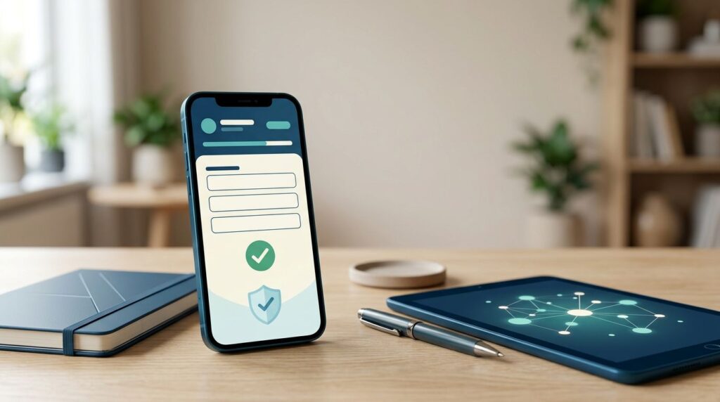Smartphone showing a blank lead form beside service-business tools and a glowing connection path.