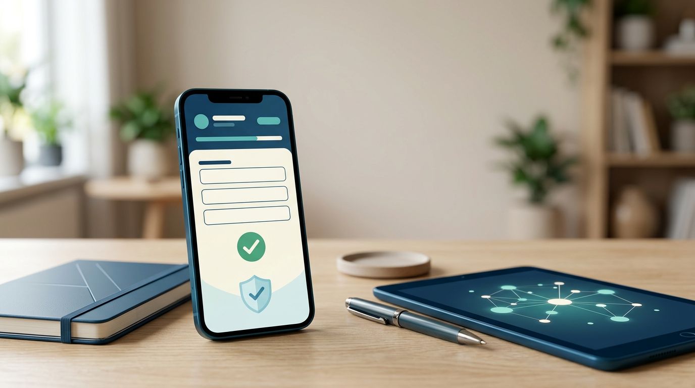 Smartphone showing a blank lead form beside service-business tools and a glowing connection path.