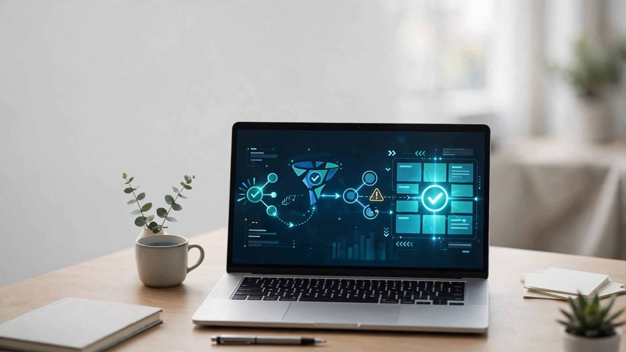 Laptop showing lead data flowing through connected nodes to a CRM dashboard with one warning icon.