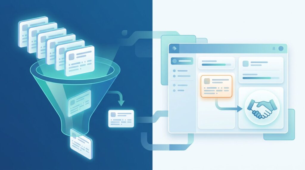 Glowing lead cards pass through a filter beside a dashboard with one highlighted lead and handshake icon.