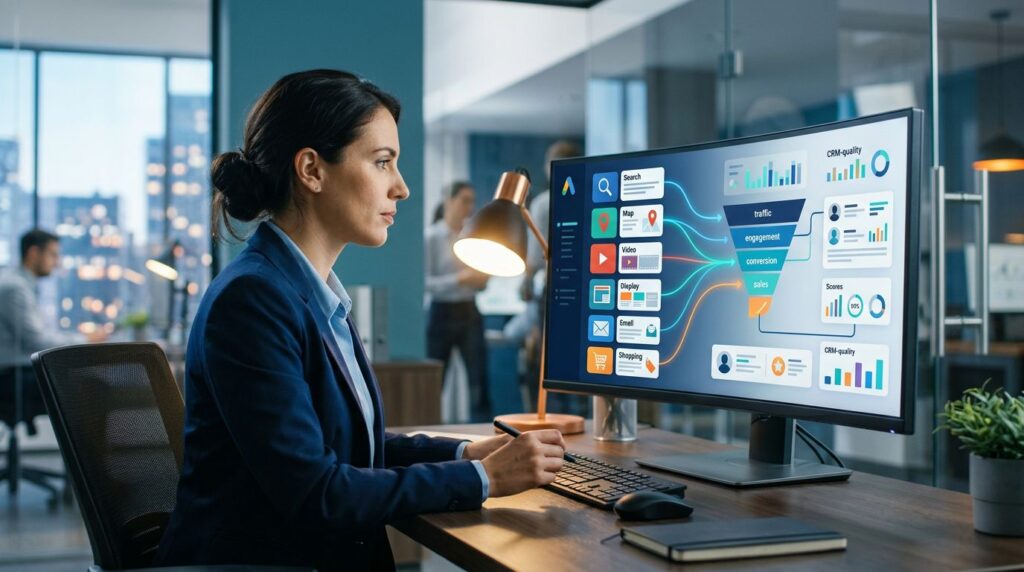 Analyst reviewing a colorful advertising placement dashboard on a large monitor.