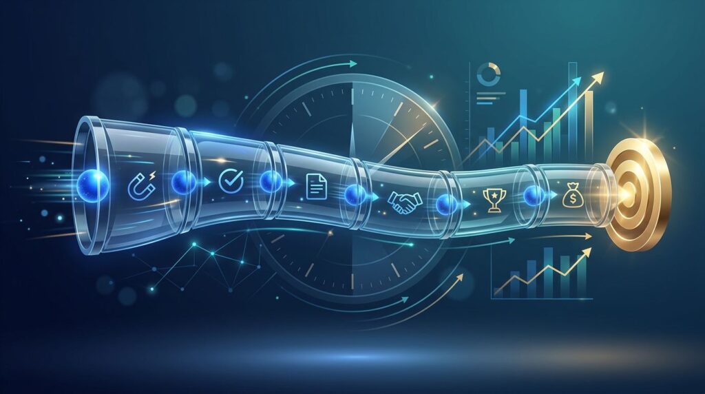 A glowing business pipeline moves toward a revenue target with speed lines and upward data visuals.