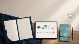 Office desk with a proposal folder, tablet, calendar cards, and a completed checkmark.