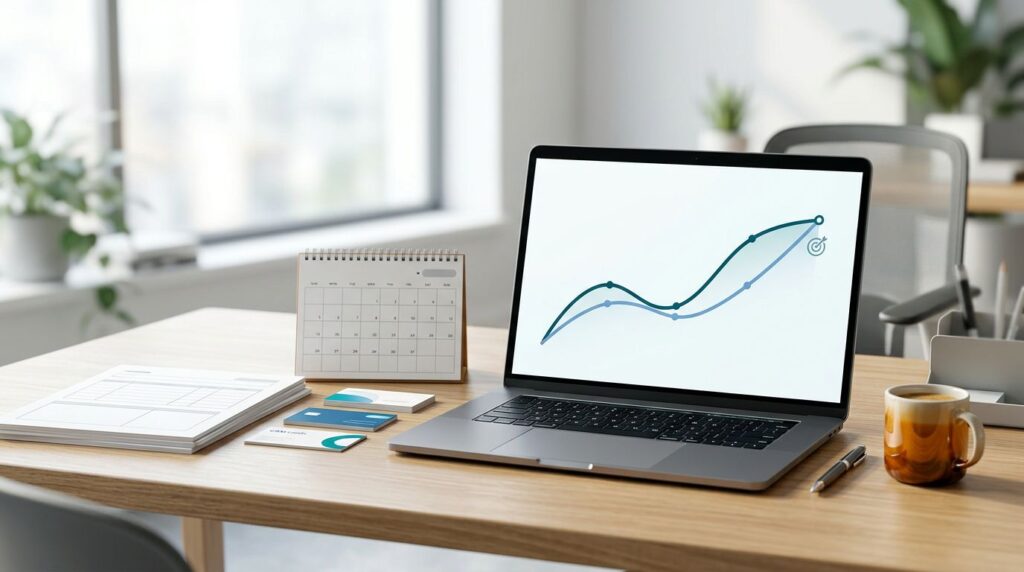 Laptop showing matching sales curves beside calendars and CRM planning cards.