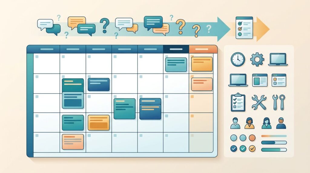 A business planning workspace with a calendar, task cards, inquiry pipeline, and delivery tools.