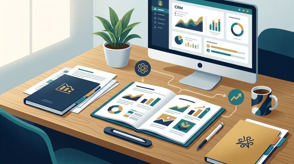A business desk shows charts, project documents, a CRM dashboard, and a pathway from problem to growth.