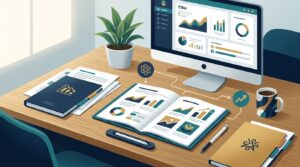 A business desk shows charts, project documents, a CRM dashboard, and a pathway from problem to growth.