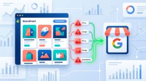 Analytics dashboard with product cards, red data warnings, and a green path to a shopping storefront icon.