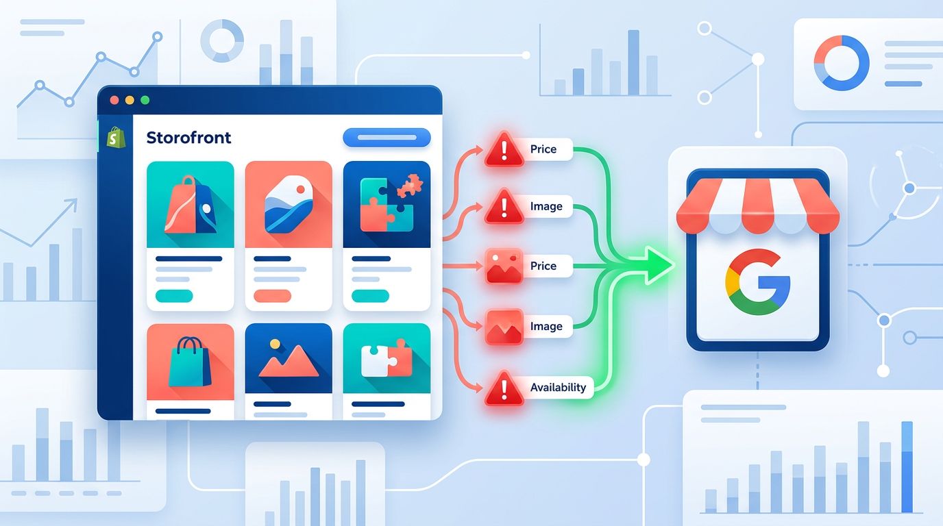 Analytics dashboard with product cards, red data warnings, and a green path to a shopping storefront icon.