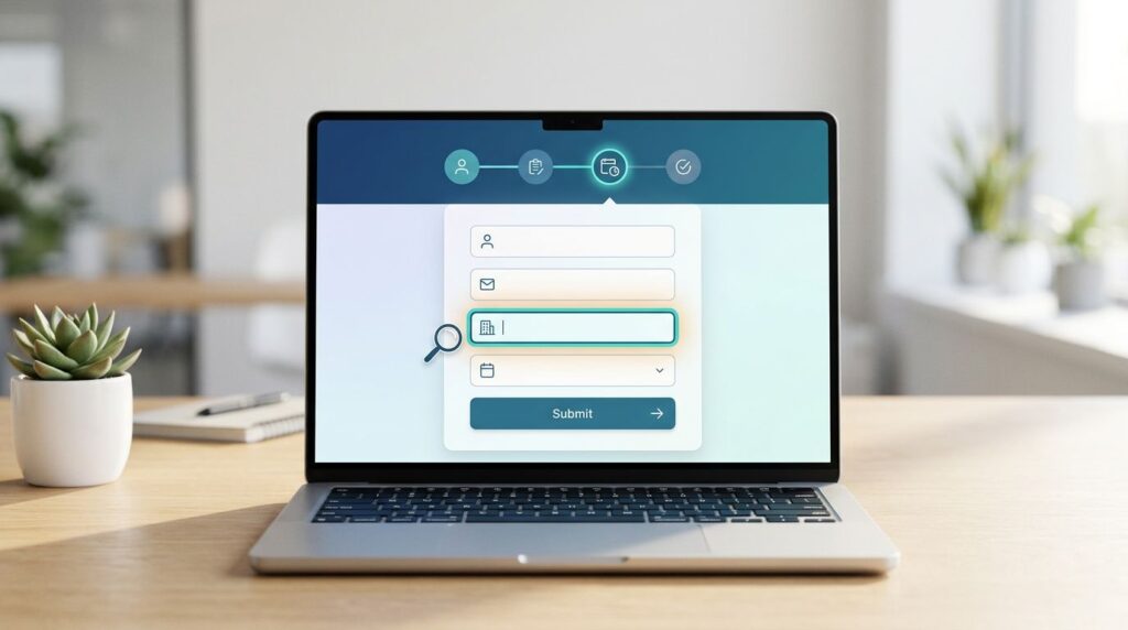 Laptop showing an accessible form with focus highlighting and booking icons.