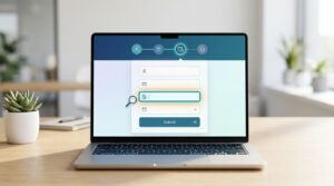 Laptop showing an accessible form with focus highlighting and booking icons.