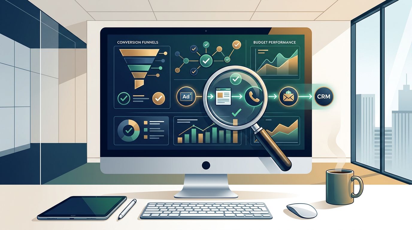 A monitor displays PPC dashboards and a magnifying glass over connected conversion icons.