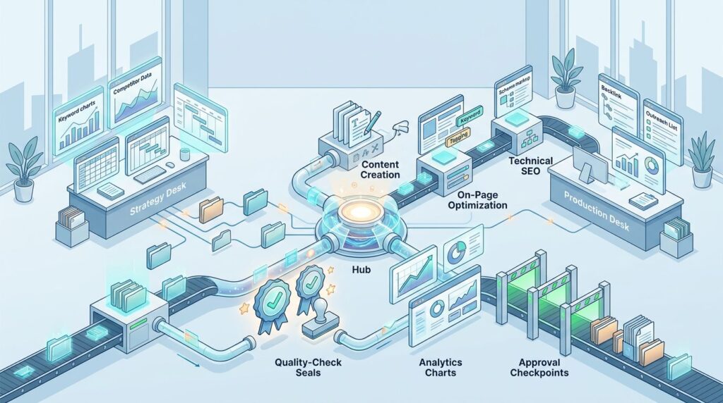 A glowing hub connects agency and production desks with charts, folders, and approval checks.