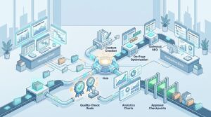 A glowing hub connects agency and production desks with charts, folders, and approval checks.