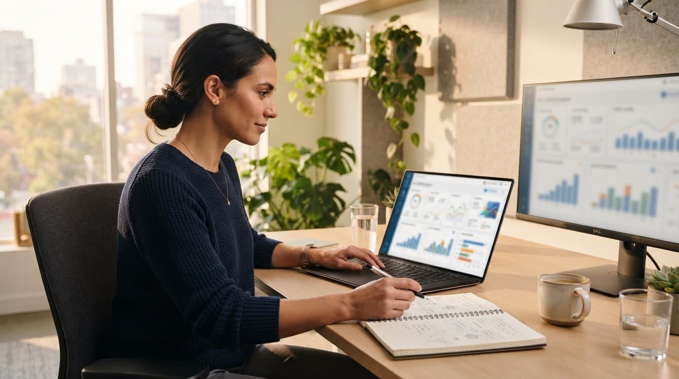 An SEO professional reviews a laptop beside a notebook and coffee, with charts on a second monitor.