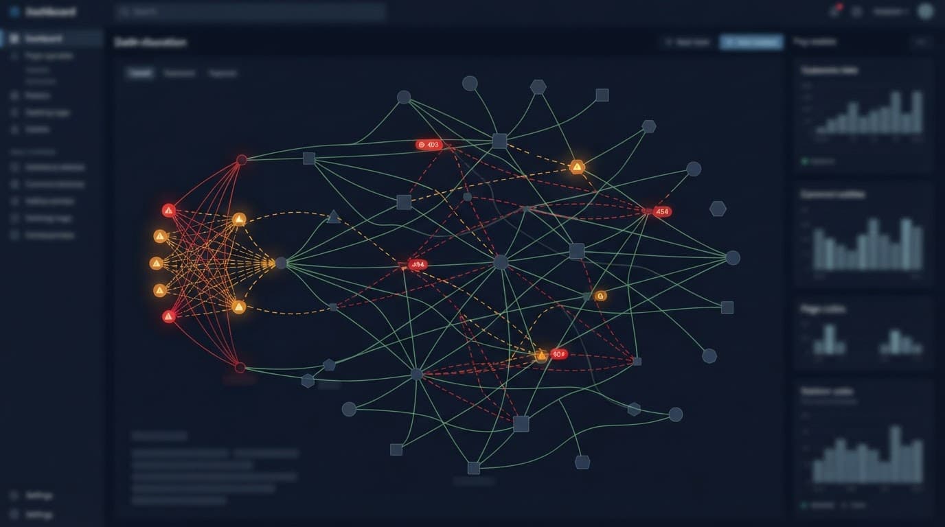 Dark SEO dashboard showing regional page nodes with amber and red crawl alerts.