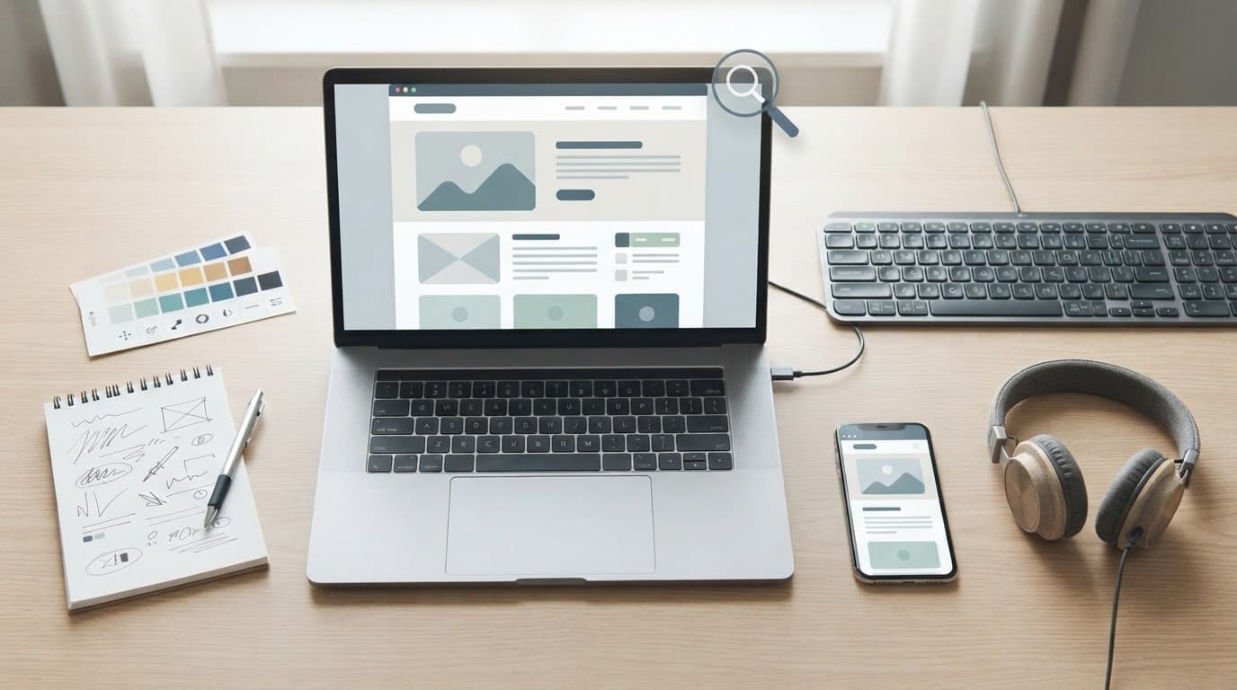Laptop, keyboard, headphones, and phone arranged for accessibility testing.