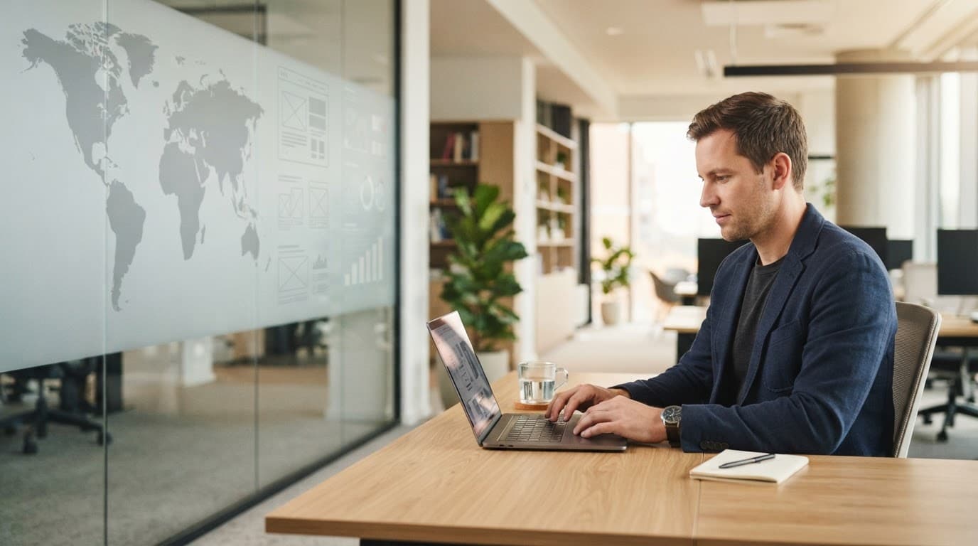 SEO specialist reviewing a laptop beneath a world map in a modern office.