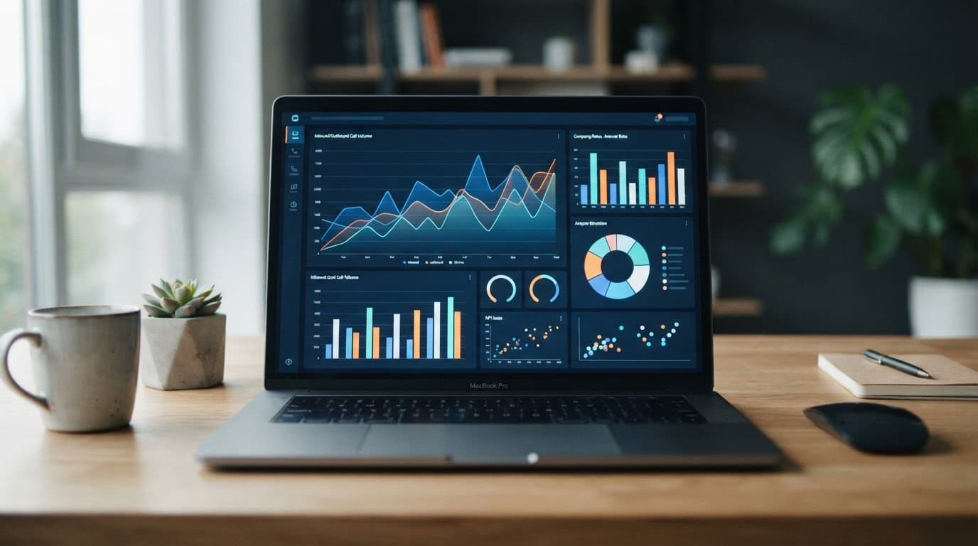 A laptop showing abstract analytics charts on a clean, softly lit desk.