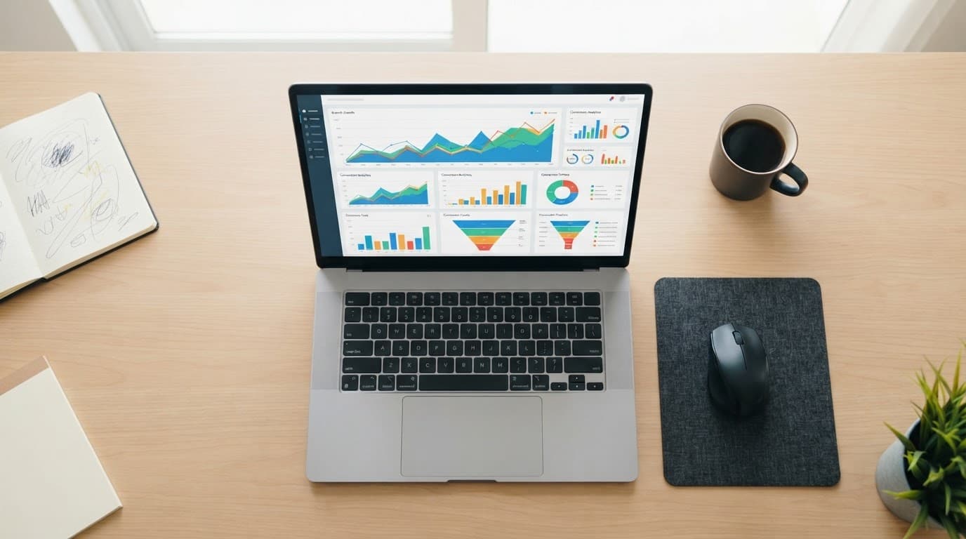 Laptop showing growth charts on a clean desk in a bright office.