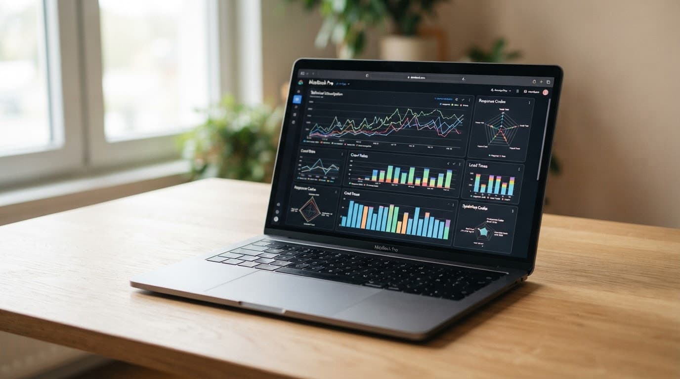 A laptop showing abstract technical graphs on a wooden desk in soft window light.